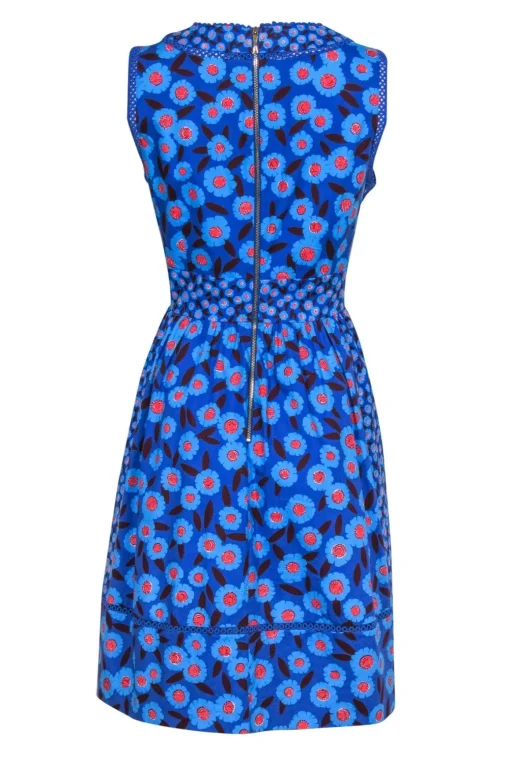 Kate Spade - Blue & Red Floral Print Cotton A-Line Dress w/ Eyelet Trim Sz 14