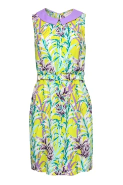 Kate Spade - Chartreuse, Purple & Green Botanical Print Silk Blend Dress Sz 4