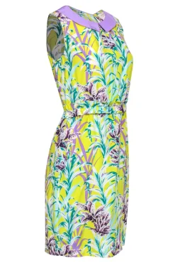 Kate Spade - Chartreuse, Purple & Green Botanical Print Silk Blend Dress Sz 4