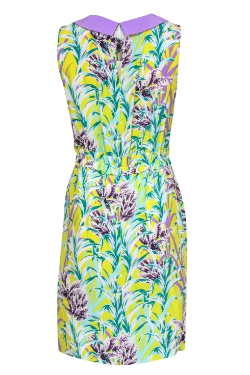 Kate Spade - Chartreuse, Purple & Green Botanical Print Silk Blend Dress Sz 4