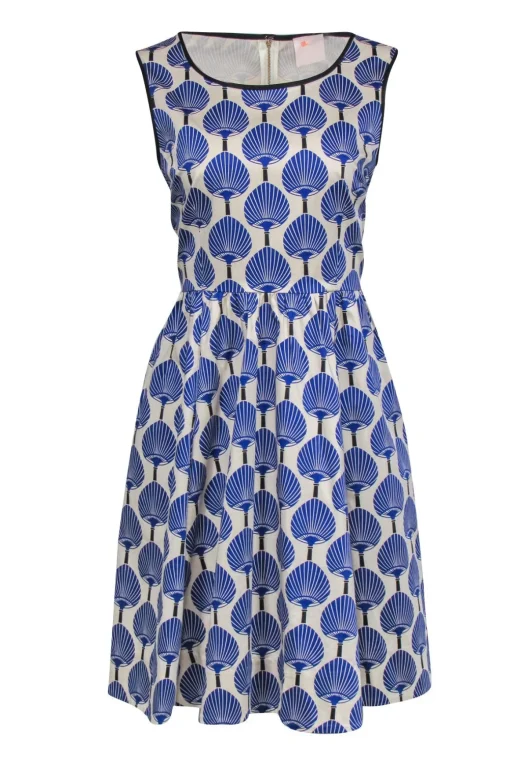 Kate Spade - Cream & Blue Fan Print Sleeveless Dress Sz 8