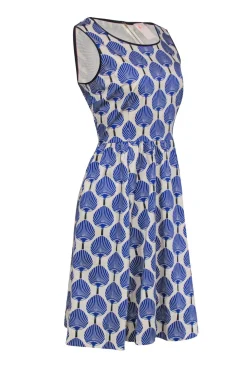 Kate Spade - Cream & Blue Fan Print Sleeveless Dress Sz 8