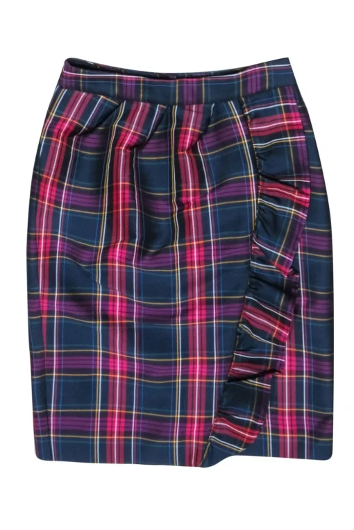 Kate Spade - Navy & Purple Plaid Ruffle Front Skirt Sz 2