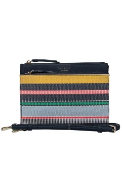 Kate Spade - Navy Leather Crossbody Bag w/ Striped Embroidered Design