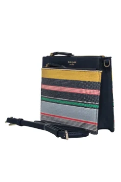 Kate Spade - Navy Leather Crossbody Bag w/ Striped Embroidered Design