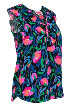 Kate Spade - Pink & Blue Multi-Colored Floral Print Crepe Tank w/ Ruffles Sz XS