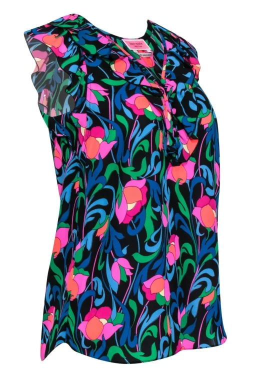 Kate Spade - Pink & Blue Multi-Colored Floral Print Crepe Tank w/ Ruffles Sz XS