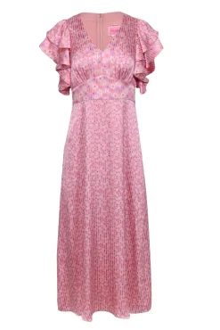 Kate Spade - Pink & Lilac Floral Striped Ruffled Shirt Sleeve Dress Sz 0