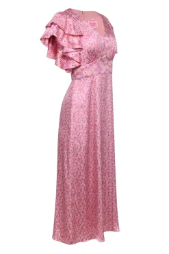 Kate Spade - Pink & Lilac Floral Striped Ruffled Shirt Sleeve Dress Sz 0