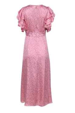 Kate Spade - Pink & Lilac Floral Striped Ruffled Shirt Sleeve Dress Sz 0