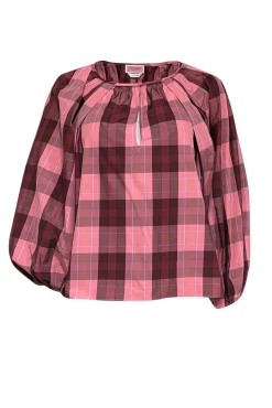 Kate Spade - Pink & Maroon Plaid Print Taffeta Blouse Sz S