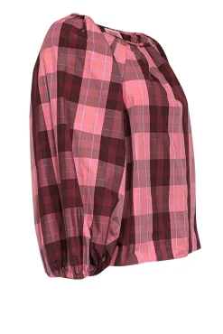 Kate Spade - Pink & Maroon Plaid Print Taffeta Blouse Sz S