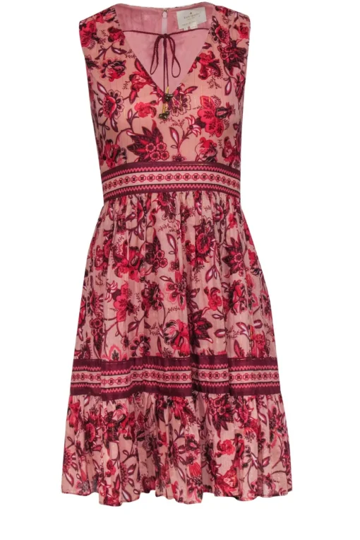 Kate Spade - Pink & Red Floral Print A-Line Dress w/ Metallic Threading & Tassels Sz 0
