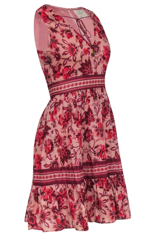 Kate Spade - Pink & Red Floral Print A-Line Dress w/ Metallic Threading & Tassels Sz 0