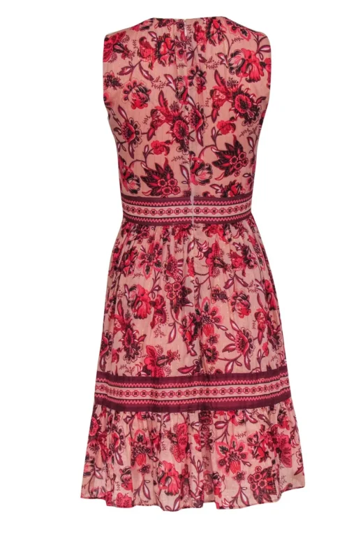 Kate Spade - Pink & Red Floral Print A-Line Dress w/ Metallic Threading & Tassels Sz 0