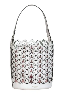 Kate Spade - White Leather Spade Woven Drawstring Bucket Bag