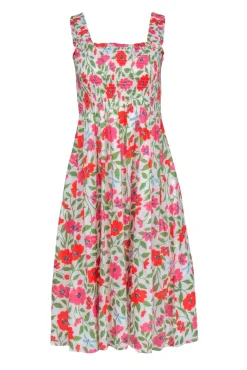 Kate Spade - White w/ Pink & Orange Floral Print Smocked Dress Sz S