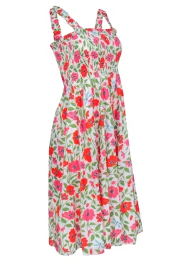 Kate Spade - White w/ Pink & Orange Floral Print Smocked Dress Sz S