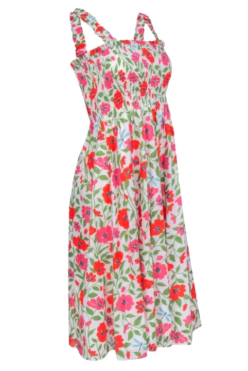 Kate Spade - White w/ Pink & Orange Floral Print Smocked Dress Sz S