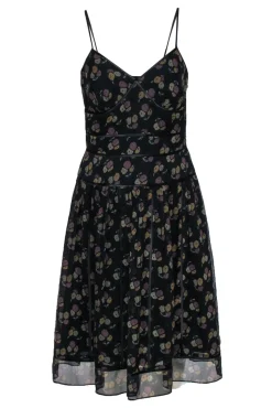 Kay Unger - Black Floral Print A-Line Midi Dress Sz 6