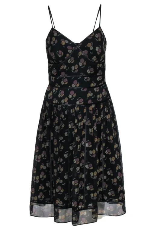 Kay Unger - Black Floral Print A-Line Midi Dress Sz 6
