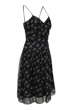 Kay Unger - Black Floral Print A-Line Midi Dress Sz 6
