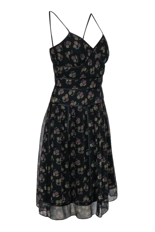 Kay Unger - Black Floral Print A-Line Midi Dress Sz 6