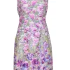 Kay Unger - Green w/ Purple Abstract Floral Print Cap Sleeve Sheath Dress Sz 8