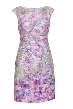 Kay Unger - Green w/ Purple Abstract Floral Print Cap Sleeve Sheath Dress Sz 8
