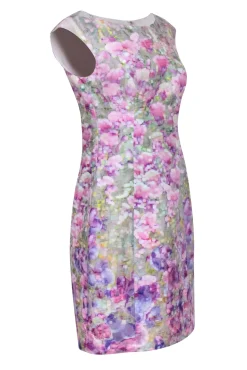 Kay Unger - Green w/ Purple Abstract Floral Print Cap Sleeve Sheath Dress Sz 8