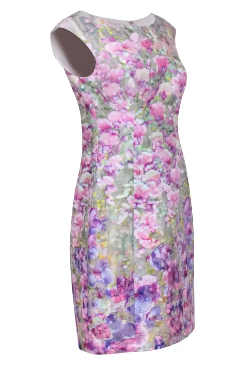 Kay Unger - Green w/ Purple Abstract Floral Print Cap Sleeve Sheath Dress Sz 8