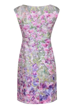 Kay Unger - Green w/ Purple Abstract Floral Print Cap Sleeve Sheath Dress Sz 8