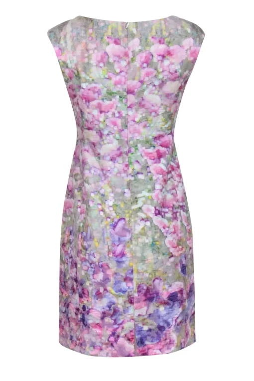 Kay Unger - Green w/ Purple Abstract Floral Print Cap Sleeve Sheath Dress Sz 8