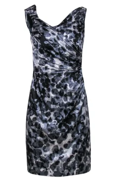 Kay Unger - Grey, Black & White Printed Ruched Silk Sheath Dress Sz 4