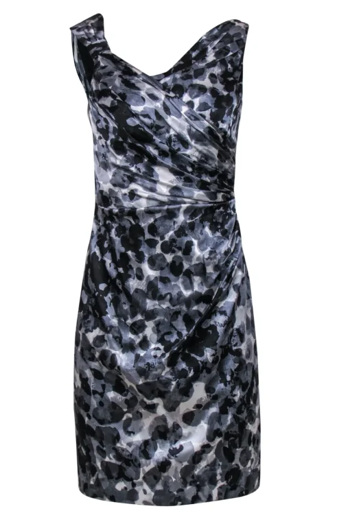 Kay Unger - Grey, Black & White Printed Ruched Silk Sheath Dress Sz 4