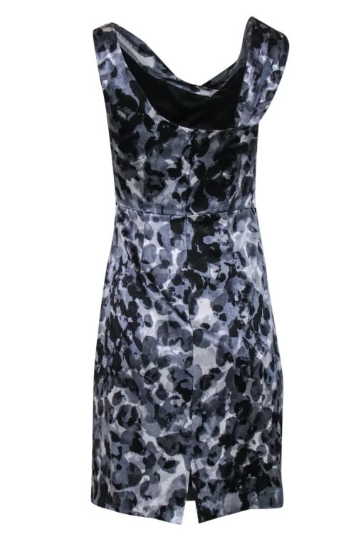 Kay Unger - Grey, Black & White Printed Ruched Silk Sheath Dress Sz 4