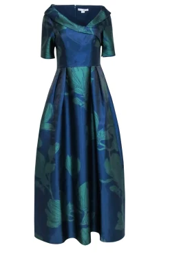 Kay Unger - Navy & Green Magnolia Print Gown Sz 8