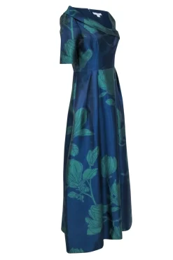 Kay Unger - Navy & Green Magnolia Print Gown Sz 8