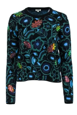 Kenzo - Blue & Green Sweater w/ Metallic Leaves Sz S
