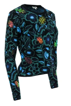Kenzo - Blue & Green Sweater w/ Metallic Leaves Sz S