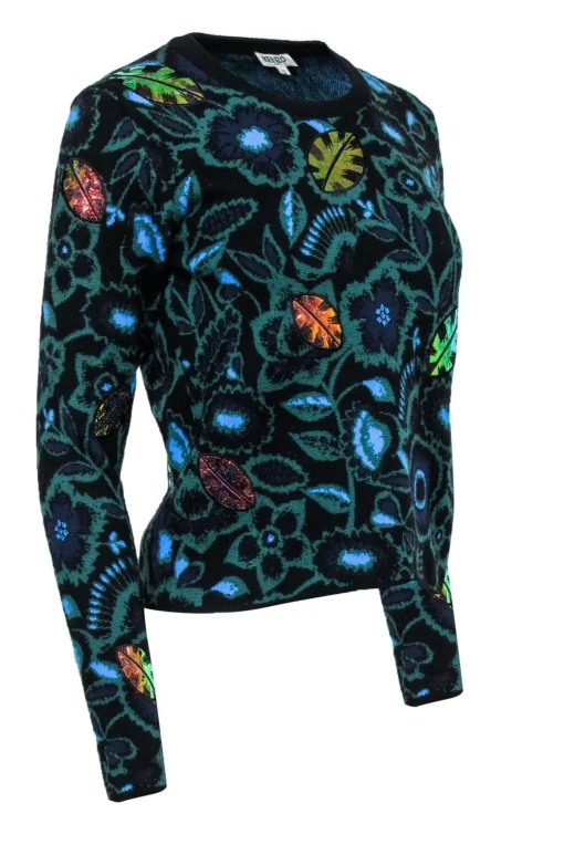 Kenzo - Blue & Green Sweater w/ Metallic Leaves Sz S