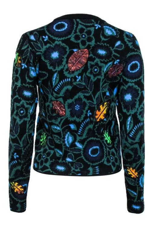 Kenzo - Blue & Green Sweater w/ Metallic Leaves Sz S
