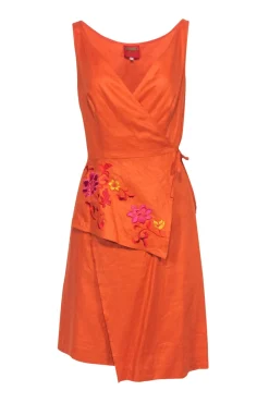 Kenzo - Orange Wrap Dress w/ Floral Embroidery Detail Sz 6
