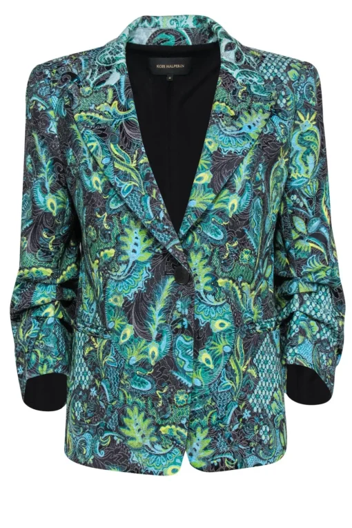 Kobi Halperin - Green, Blue & Black Bohemian Print Ruched Sleeve Blazer Sz M