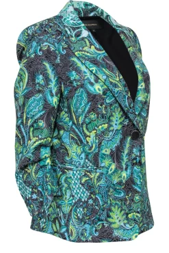 Kobi Halperin - Green, Blue & Black Bohemian Print Ruched Sleeve Blazer Sz M