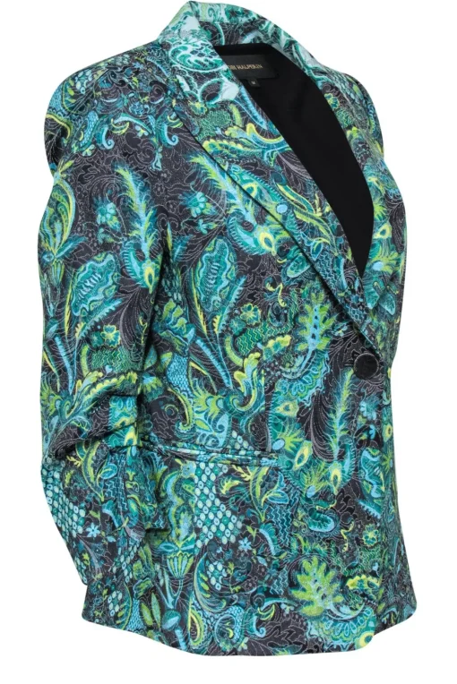 Kobi Halperin - Green, Blue & Black Bohemian Print Ruched Sleeve Blazer Sz M