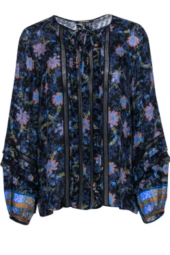 Kobi Halperin - Navy Floral Print “Brynn” Blouse w/ Lace & Ruffled Trim Sz M