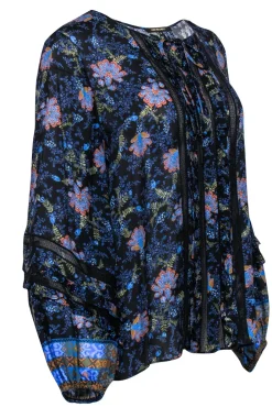Kobi Halperin - Navy Floral Print “Brynn” Blouse w/ Lace & Ruffled Trim Sz M