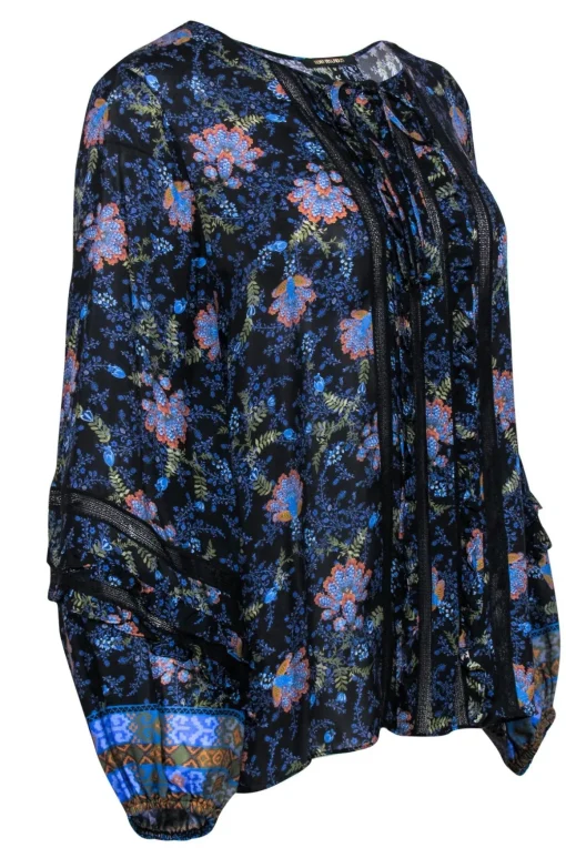 Kobi Halperin - Navy Floral Print “Brynn” Blouse w/ Lace & Ruffled Trim Sz M