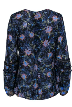 Kobi Halperin - Navy Floral Print “Brynn” Blouse w/ Lace & Ruffled Trim Sz M